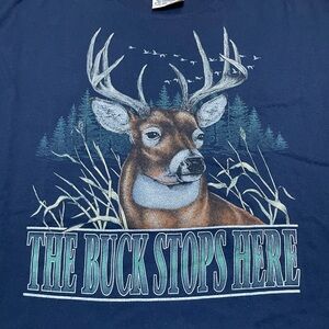 Vintage The Buck Stops Here Shirt Mens XL Blue Deer Hunting Graphic USA 90s Tee